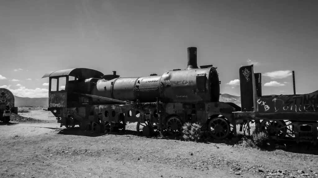 Black and white train at Bolivia's train graveyard 