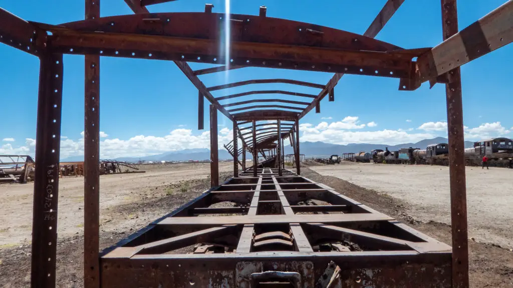 Rusted remains of a train carriage at Bolivia's Train Graveyard